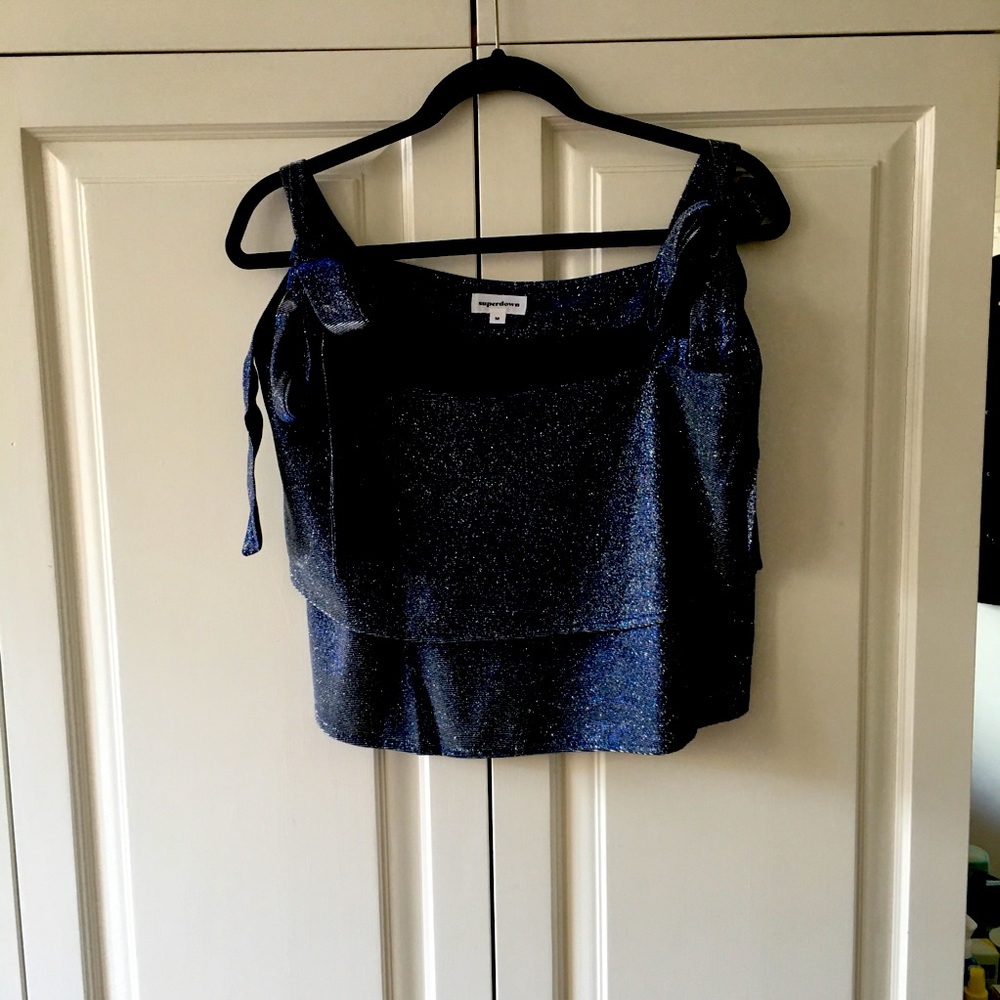 superdown Sparkle Navy Blue Tie Strap Crop Top